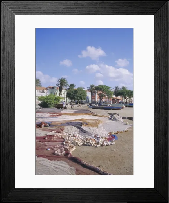 Framed Print : Fishing nets, town of Mindelo, Sao Vicente island, Cape Verde Islands, off Africa Framed Print : Fishing nets, town of Mindelo, Sao Vicente island, Cape Verde Islands, off Africa