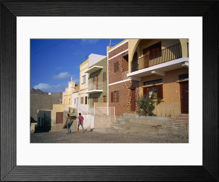 Framed Print : Houses, some decorated with tiles, on a street in Mindelo, on Sao Vicente Island Framed Print : Houses, some decorated with tiles, on a street in Mindelo, on Sao Vicente Island