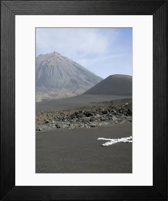 Framed Print : White cross is a marker to check for land movement within the caldera, with the Pico de Fogo volcano in the background, Fogo (Fire), Cape Verde Framed Print : White cross is a marker to check for land movement within the caldera, with the Pico de Fogo volcano in the background, Fogo (Fire), Cape Verde