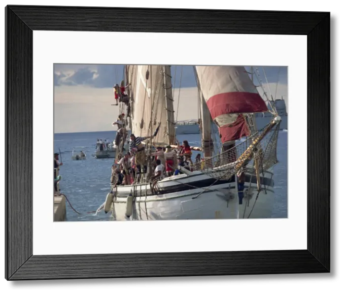 Framed Print : Pirate ship full of pirates, for the start of Pirates Week, George Town Framed Print : Pirate ship full of pirates, for the start of Pirates Week, George Town