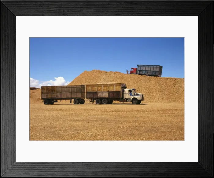 Framed Print : Trucks and trailers at the wood chip stocks at the port awaiting export at Puerto Montt in the Lake District of Chile Framed Print : Trucks and trailers at the wood chip stocks at the port awaiting export at Puerto Montt in the Lake District of Chile