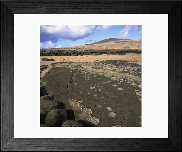 Framed Print : A petroglyph on rock at Ahu Tongariki on Easter Island (Rapa Nui), Chile, South America