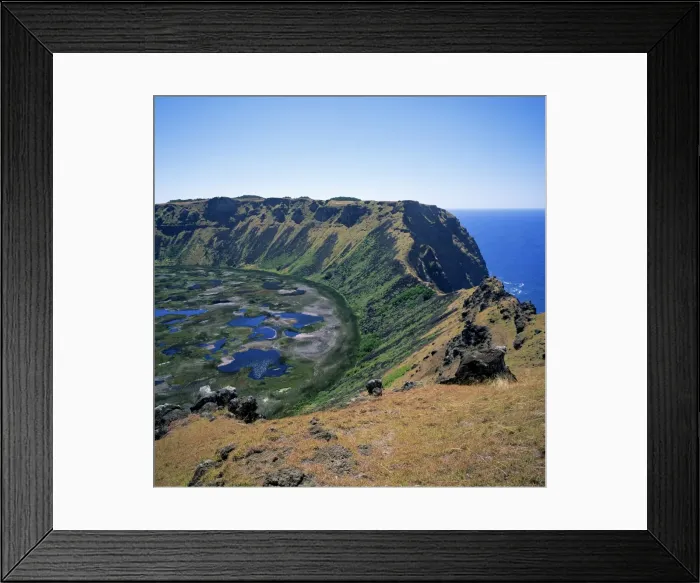 Framed Print : View east along crater rim from Orongo ceremonial village of the Rano Kau crater Framed Print : View east along crater rim from Orongo ceremonial village of the Rano Kau crater