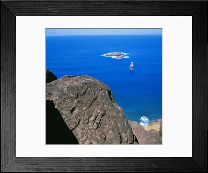 Framed Print : Birdman petroglyphs at Orongo ceremonial village on rim of crater Rano Kau Framed Print : Birdman petroglyphs at Orongo ceremonial village on rim of crater Rano Kau