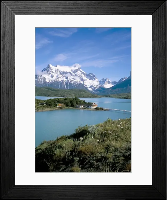 Framed Print : Peaks of Cerro Paine Grande (3050m), Lago Pehoe and hotel Pehoe, Torres del Paine National Park Framed Print : Peaks of Cerro Paine Grande (3050m), Lago Pehoe and hotel Pehoe, Torres del Paine National Park