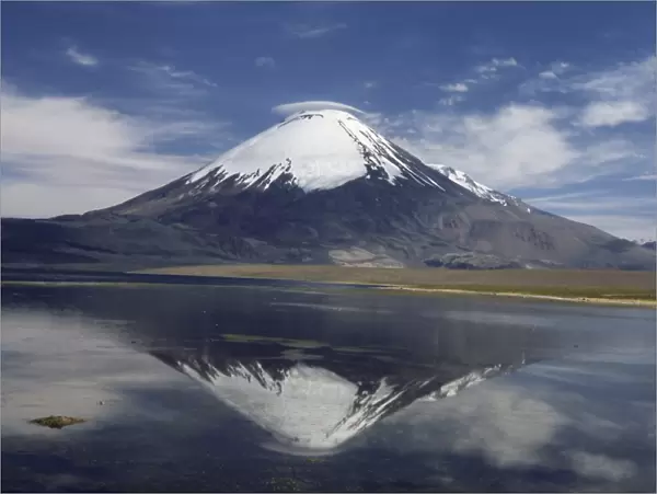 Volcano of Parinacola, 6348m high, reflected in water of Chungara Lake