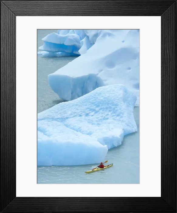 Framed Print : Person kayaking between icebergs, Lago Gray (Lake Gray) (Lake Grey), Torres del Paine National Park Framed Print : Person kayaking between icebergs, Lago Gray (Lake Gray) (Lake Grey), Torres del Paine National Park