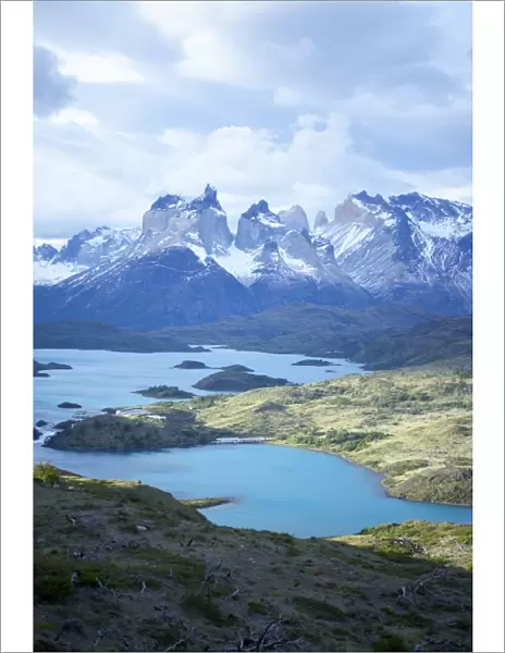 Cuernos del Paine (Horns of Paine) and the blue waters of Lake Pehoe, Torres del Paine National Park, Patagonia, Chile