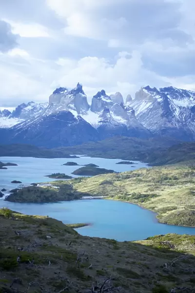 Cuernos del Paine (Horns of Paine) and the blue waters of Lake Pehoe, Torres del Paine National Park, Patagonia, Chile