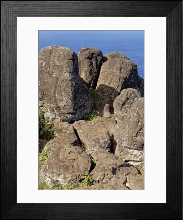 Framed Print : Petroglyphs with birdman images beside lake in crater, Orongo, Easter Island Framed Print : Petroglyphs with birdman images beside lake in crater, Orongo, Easter Island