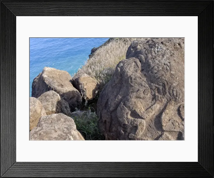 Framed Print : Petroglyphs with birdman images beside lake in crater, Orongo, Easter Island Framed Print : Petroglyphs with birdman images beside lake in crater, Orongo, Easter Island