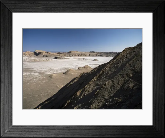 Framed Print : Wind sculpted rock formations and salt deposits of the Valley of the Moon Framed Print : Wind sculpted rock formations and salt deposits of the Valley of the Moon