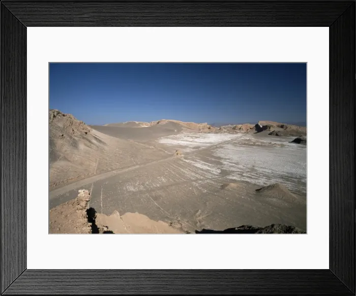 Framed Print : Wind sculpted rock formations and salt deposits of the Valley of the Moon Framed Print : Wind sculpted rock formations and salt deposits of the Valley of the Moon