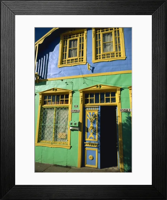 Framed Print : Detail of painted building facade, Castro, Chiloe Island, Chile, South America Framed Print : Detail of painted building facade, Castro, Chiloe Island, Chile, South America