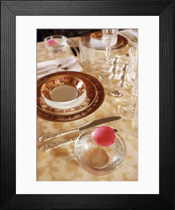 Framed Print : Dining room table top detail in private residence, Samode Bagh or Garden Framed Print : Dining room table top detail in private residence, Samode Bagh or Garden
