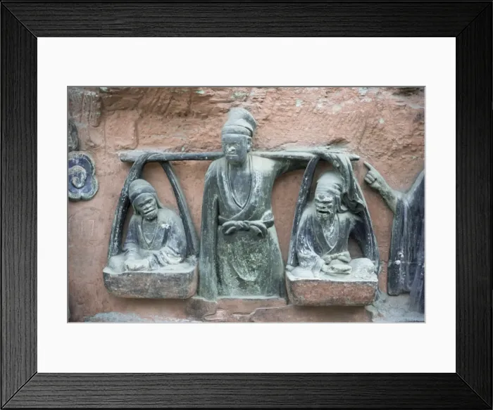 Framed Print : Sculpture showing son shouldering his parents in old age, Dazu Rock Carvings Framed Print : Sculpture showing son shouldering his parents in old age, Dazu Rock Carvings