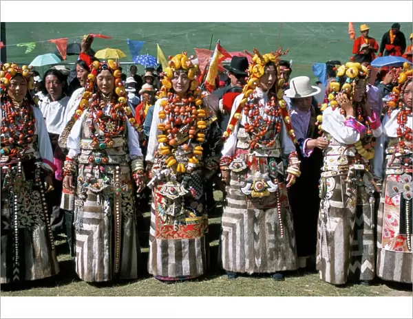 Women in traditional Tibetan dress, Yushu, Qinghai Province, China, Asia