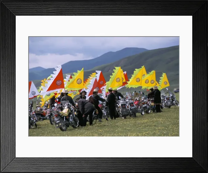 Framed Print : Tibetans using motorbikes instead of horses, festival, Qinghai Province, China, Asia Framed Print : Tibetans using motorbikes instead of horses, festival, Qinghai Province, China, Asia
