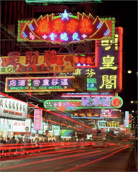 Neon lights at night on Nathan Road, Tsim Sha Tsui, Kowloon, Hong Kong, China, Asia