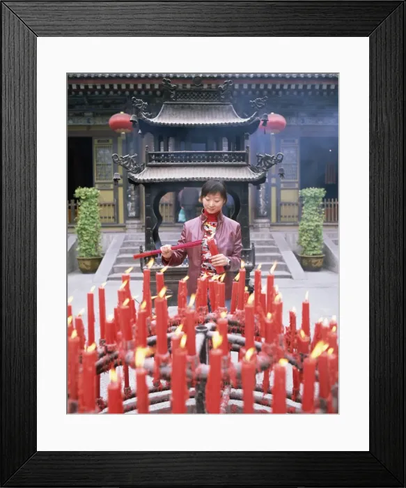 Framed Print : Woman with candle and incense offerings, Big Goose Pagoda temple, Xian Framed Print : Woman with candle and incense offerings, Big Goose Pagoda temple, Xian