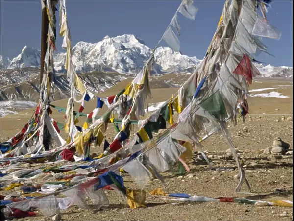 Mount Shishaoangma, 8038m, and colourful prayer flags in Tibet, China, Asia