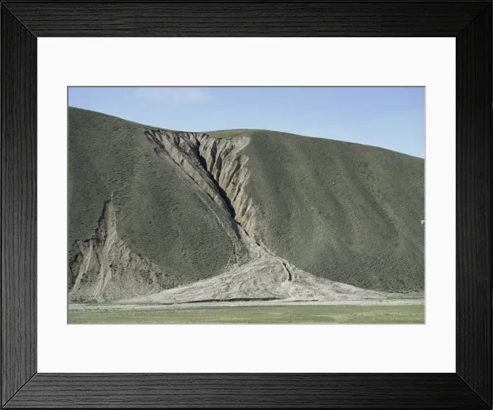 Framed Print : Gully erosion and alluvial fan on hillside 500m high, Nyainqentangla Mountains Framed Print : Gully erosion and alluvial fan on hillside 500m high, Nyainqentangla Mountains