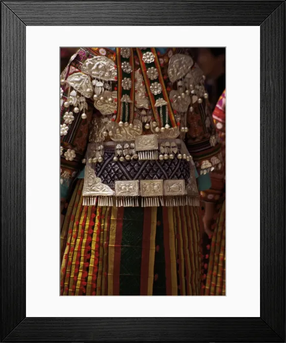Framed Print : Detail of silver ornaments on festival dress of a Miao woman, Langde, Guizhou province Framed Print : Detail of silver ornaments on festival dress of a Miao woman, Langde, Guizhou province
