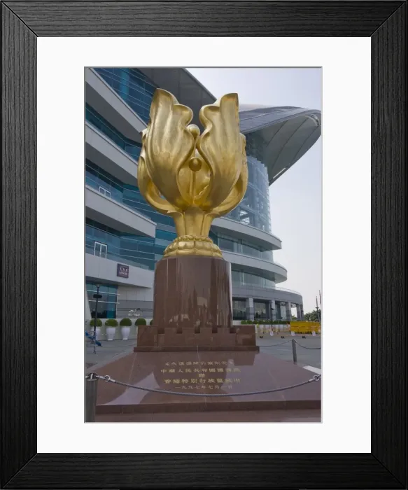Framed Print : Golden bauhinia flower monument, a gift from the Peoples Republic of China to celebrate the handover from British to Chinese rule in 1997, and Convention and Exhibition Centre, Golden Bauhinia Square, Wanchai, Hong Kong Framed Print : Golden bauhinia flower monument, a gift from the Peoples Republic of China to celebrate the handover from British to Chinese rule in 1997, and Convention and Exhibition Centre, Golden Bauhinia Square, Wanchai, Hong Kong