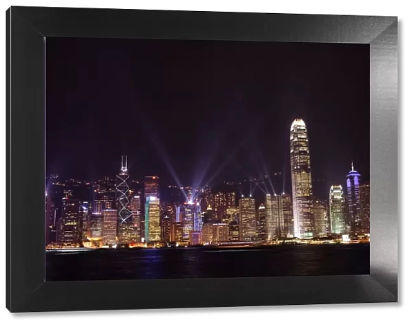 Nightly sound and light show over Hong Kong Island skyline, Hong Kong, China, Asia