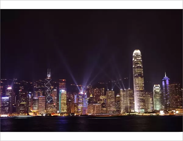 Nightly sound and light show over Hong Kong Island skyline, Hong Kong, China, Asia