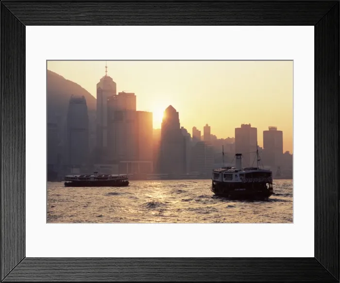 Framed Print : Star ferries, Victoria Harbour and Hong Kong Island skyline at sunset, Hong Kong Framed Print : Star ferries, Victoria Harbour and Hong Kong Island skyline at sunset, Hong Kong