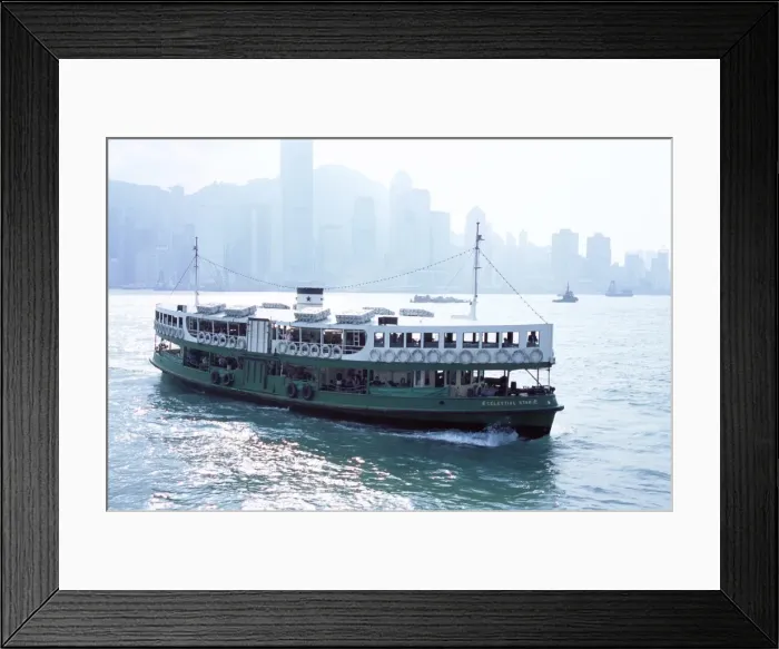 Framed Print : Star Ferry, Victoria Harbour, with Hong Kong Island skyline in mist beyond Framed Print : Star Ferry, Victoria Harbour, with Hong Kong Island skyline in mist beyond
