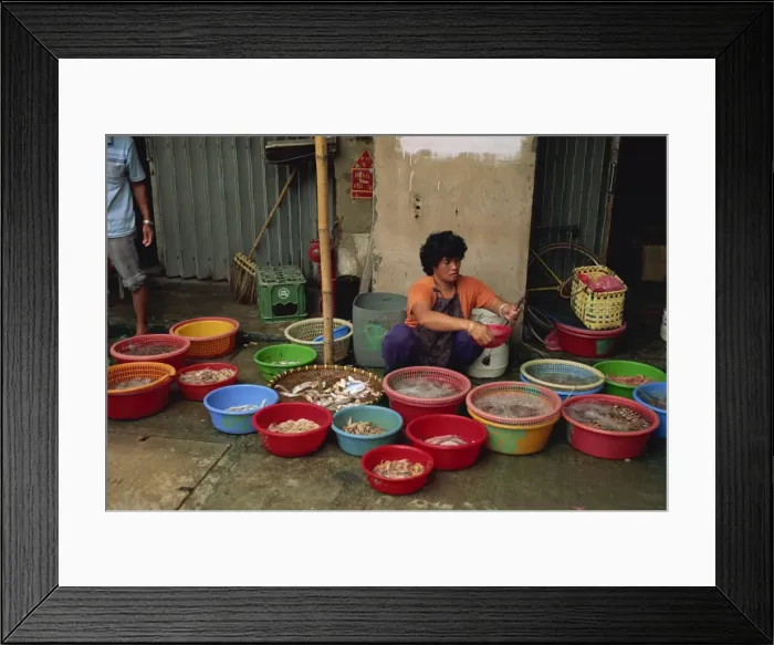 Framed Print : Woman squatting on the pavement selling fish from plastic bowls in the fish market at Taio on Lantau Island, Hong Kong Framed Print : Woman squatting on the pavement selling fish from plastic bowls in the fish market at Taio on Lantau Island, Hong Kong