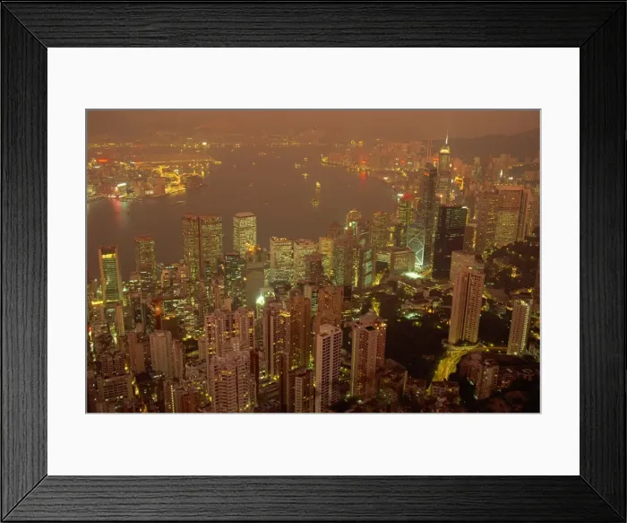 Framed Print : Aerial view of Hong Kong Harbour at dusk, China Framed Print : Aerial view of Hong Kong Harbour at dusk, China