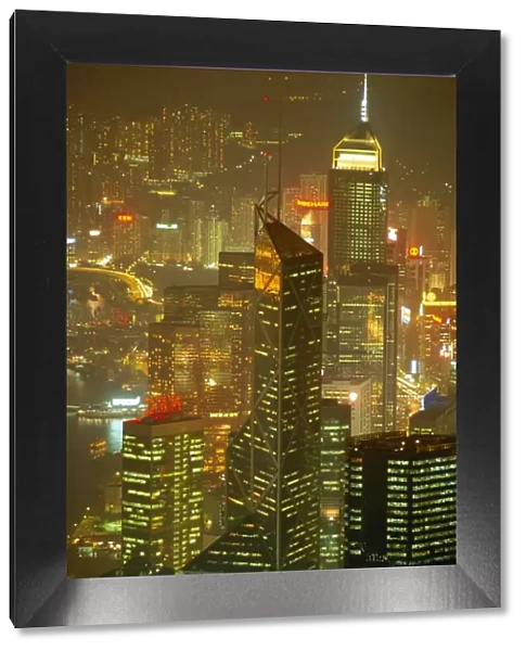 Aerial view of Hong Kong skyscrapers at night, China