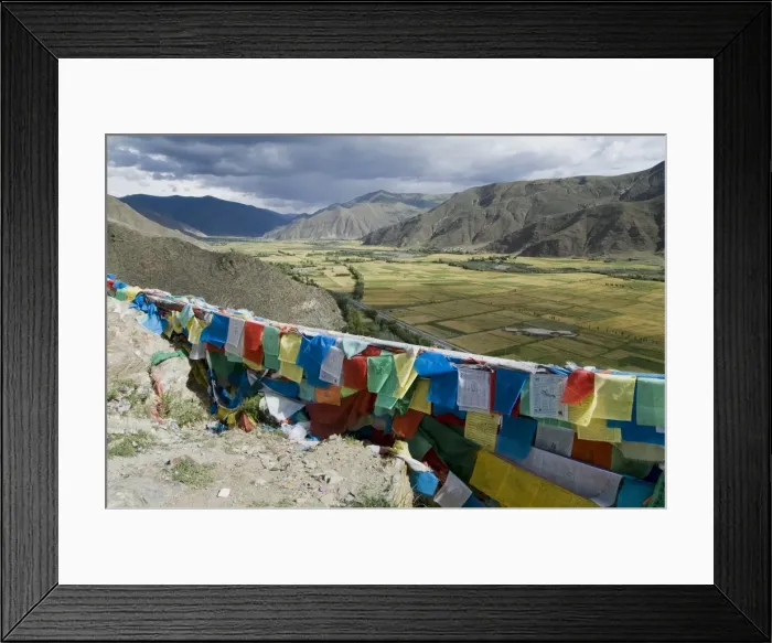 Framed Print : Prayer flags and view over cultivated fields, Yumbulagung Castle, Tibet, China, Asia Framed Print : Prayer flags and view over cultivated fields, Yumbulagung Castle, Tibet, China, Asia