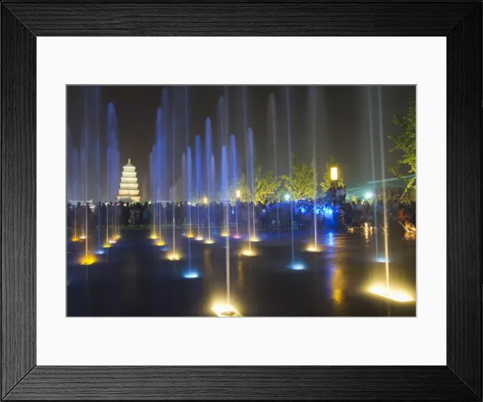 Framed Print : Night time water show at the Big Goose Pagoda Park, Tang dynasty built in 652 by Emperor Gaozong Framed Print : Night time water show at the Big Goose Pagoda Park, Tang dynasty built in 652 by Emperor Gaozong