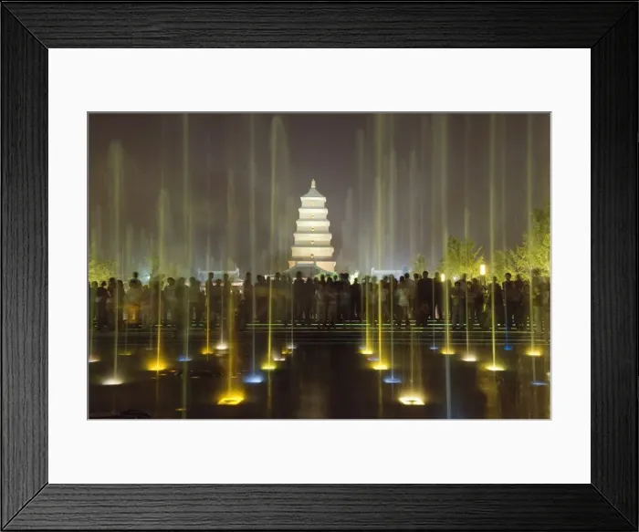 Framed Print : Night time water show at the Big Goose Pagoda Park, Tang Dynasty, built in 652 by Emperor Gaozong Framed Print : Night time water show at the Big Goose Pagoda Park, Tang Dynasty, built in 652 by Emperor Gaozong
