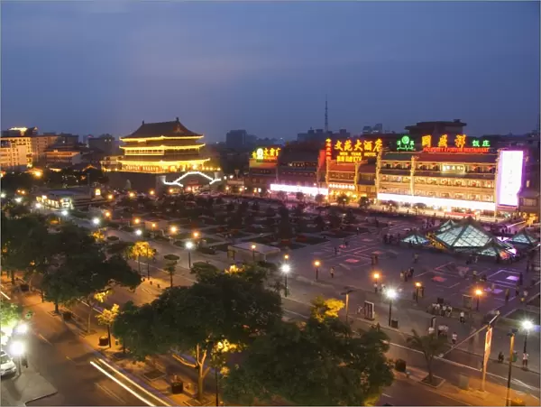 Chinese style buildings illuminated in Bell Tower Square, Xian City, Shaanxi Province