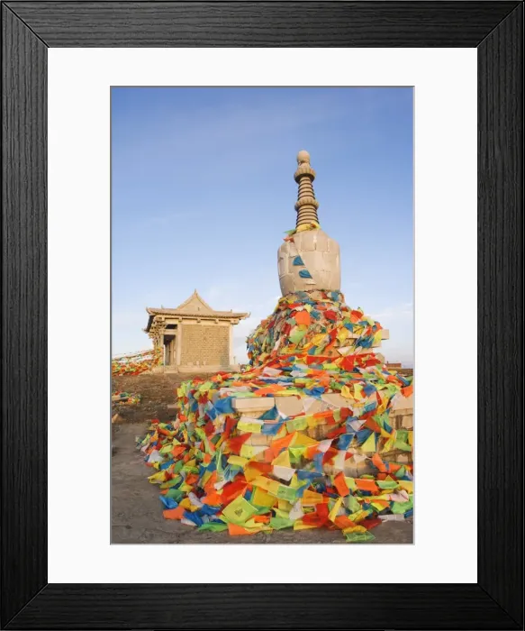Framed Print : Sunrise on a monastery stupa and prayer flags on Yedou Peak, 3058m, at Wutaishan Framed Print : Sunrise on a monastery stupa and prayer flags on Yedou Peak, 3058m, at Wutaishan