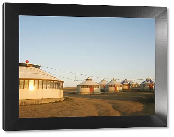 Sunrise on nomad yurt tents, Xilamuren grasslands, Inner Mongolia province, China, Asia