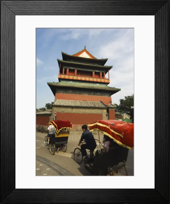 Framed Print : Rickshaw at the Drum Tower, a later Ming dynasty version originally built in 1273 marking the centre of the old Mongol capital, Beijing Framed Print : Rickshaw at the Drum Tower, a later Ming dynasty version originally built in 1273 marking the centre of the old Mongol capital, Beijing