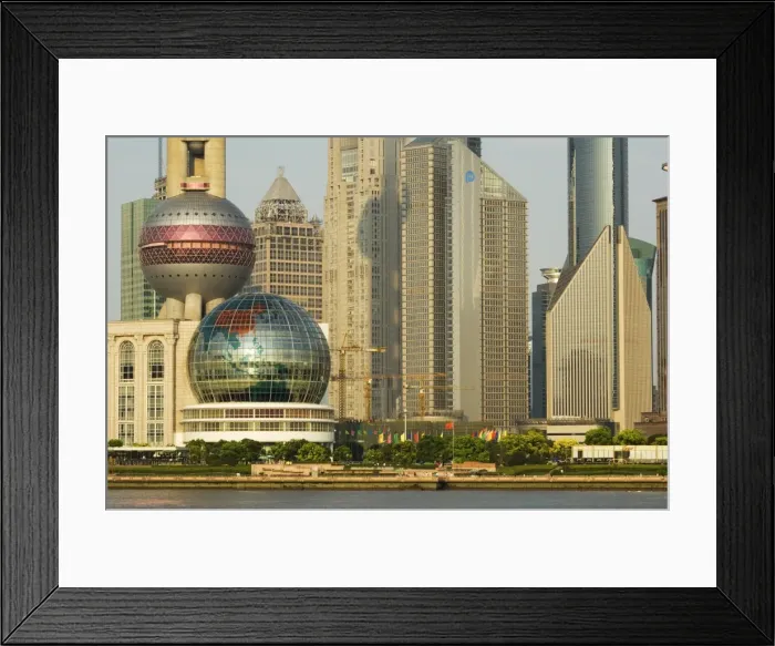 Framed Print : Observation platform of the Oriental Pearl Tower and modern buildings in Pudong new area on the banks of Huangpu River, Pudong, Shanghai