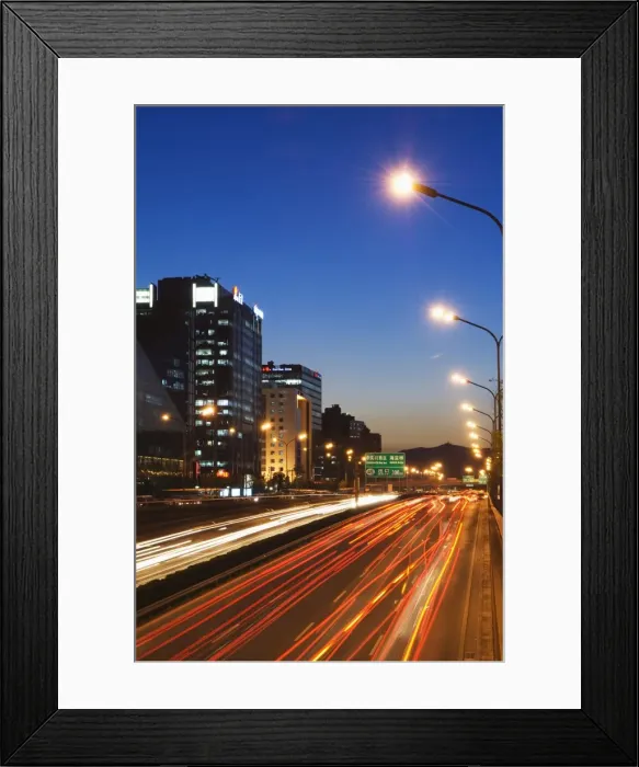 Framed Print : Car light trails and modern architecture on a city ring road, Beijing, China, Asia