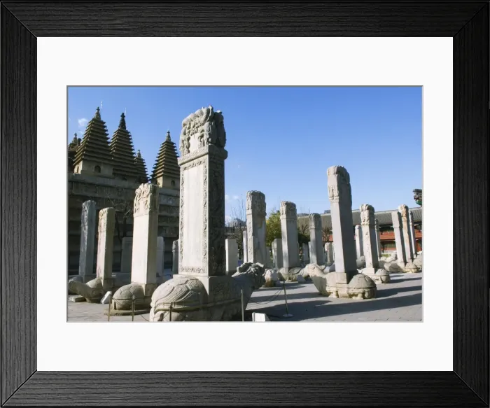 Framed Print : A five towered temple and ancestral tombs inscribed with dead persons contributions