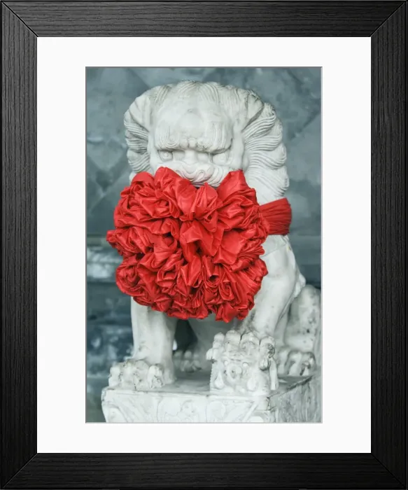 Framed Print : A lion statue decorated in red ribbon, Beijing, China, Asia Framed Print : A lion statue decorated in red ribbon, Beijing, China, Asia