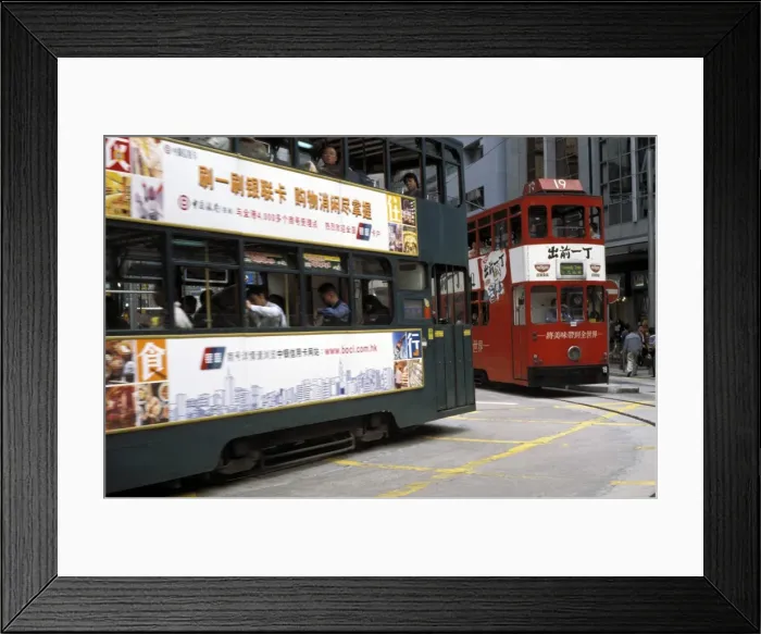 Framed Print : Two double decker trams passing at Sheung Wan, Hong Kong, China, Asia Framed Print : Two double decker trams passing at Sheung Wan, Hong Kong, China, Asia