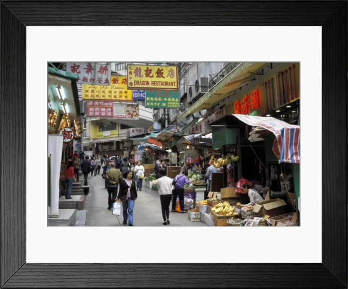 Framed Print : Market area, shops and signs in a street in Soho, Hong Kong, China, Asia Framed Print : Market area, shops and signs in a street in Soho, Hong Kong, China, Asia
