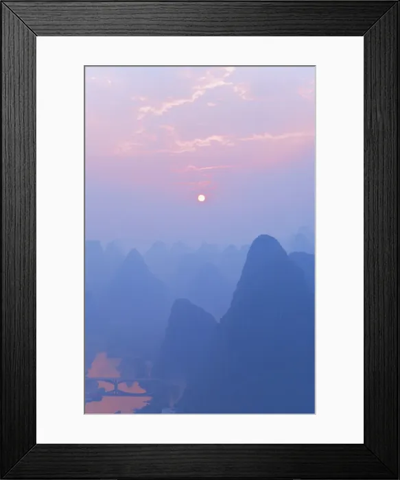 Framed Print : Karst landscape, Li Jiang (Li River) and rising sun, Yangshuo, Guangxi Province Framed Print : Karst landscape, Li Jiang (Li River) and rising sun, Yangshuo, Guangxi Province