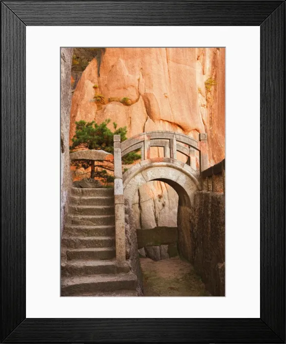 Framed Print : Steps, bridge, and last sunrays on rock face, White Cloud scenic area, Huang Shan Framed Print : Steps, bridge, and last sunrays on rock face, White Cloud scenic area, Huang Shan